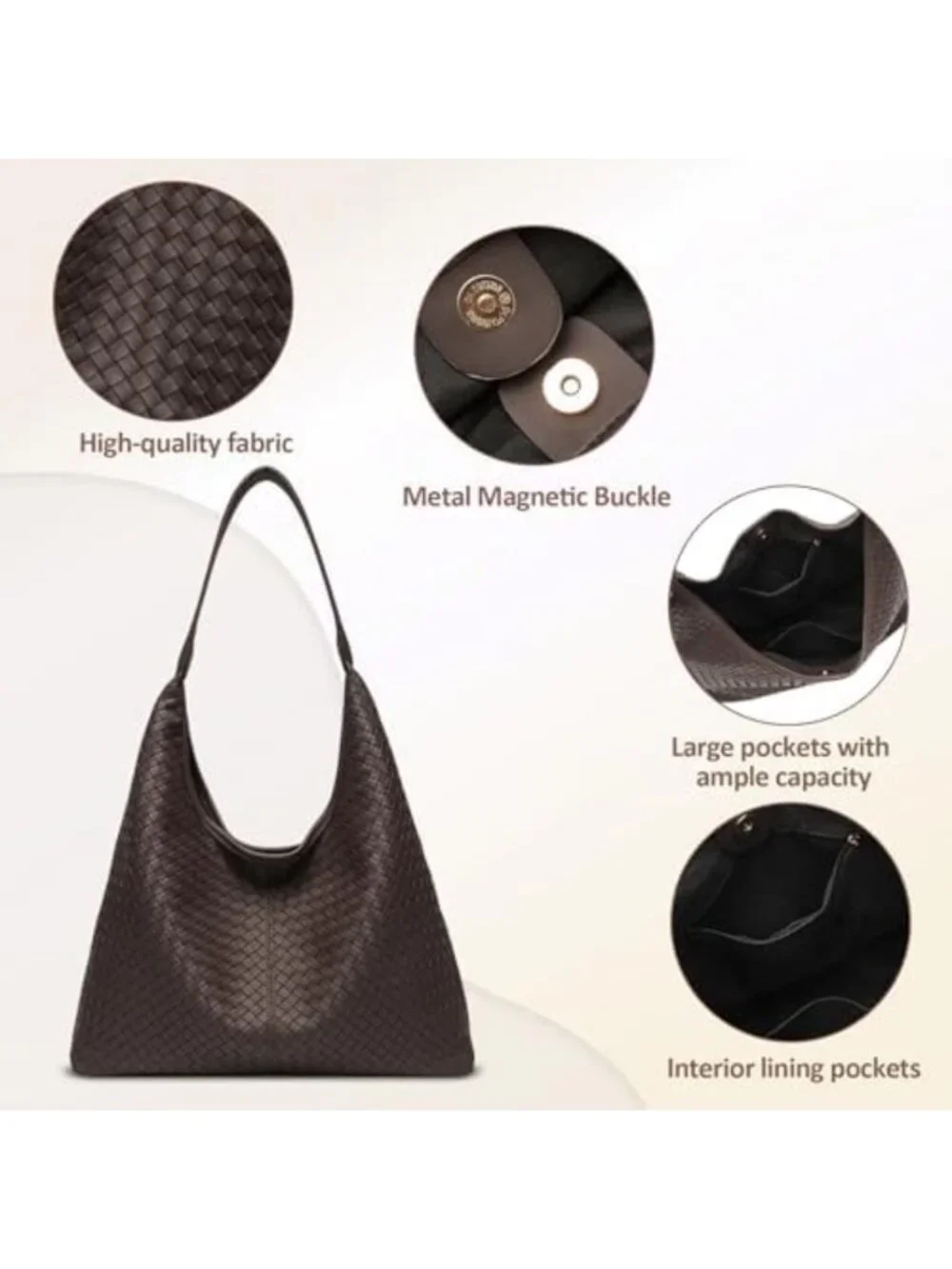 Large Slouchy Vegan Leather Hobo Tote Bag - Woven Textured Purse for Women